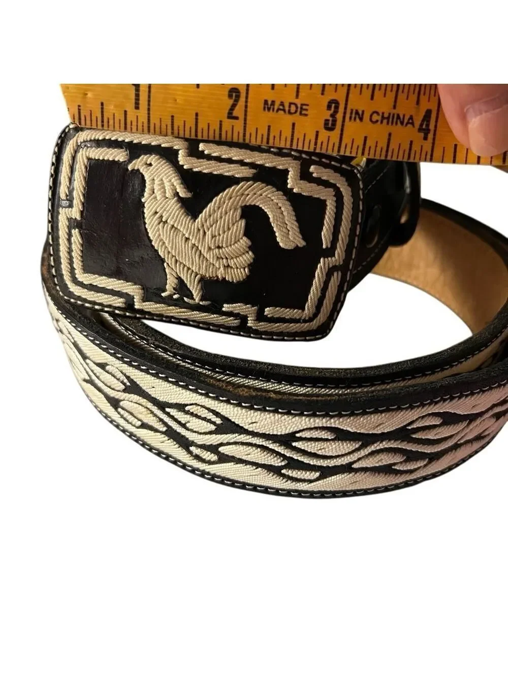 Vintage Rooster Belt Embroidered Buckle Leather Rockabilly Black White XL